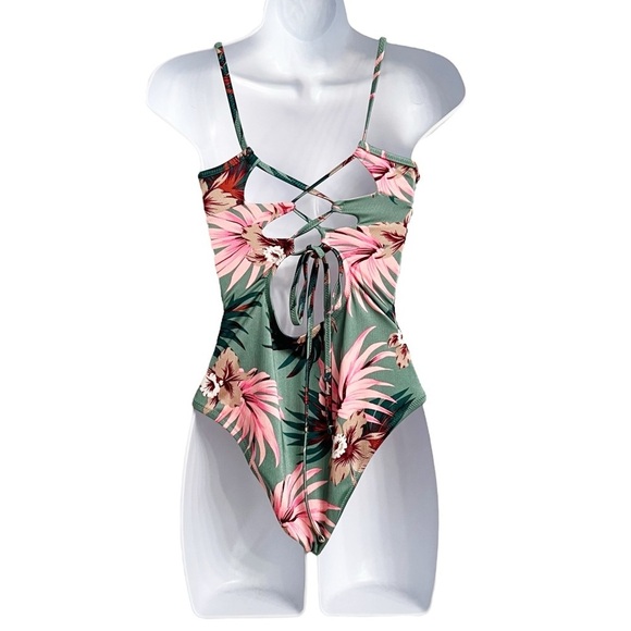 Shade & Shore Floral Palms Cutout One Piece Swimsuit Size Medium 34C Green Pink - Picture 3 of 8